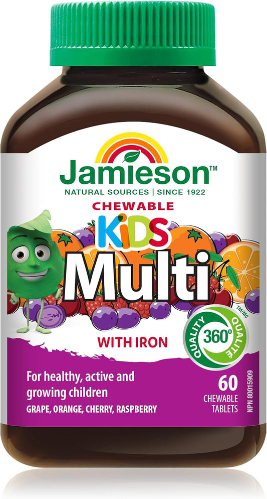 Jamieson 儿童复合维生素咀嚼片,橙子、葡萄、樱桃和覆盆子口味,促进生长发育,强健骨骼和牙齿。预防缺铁,易于消化,无麸质、无乳糖、无添加剂……