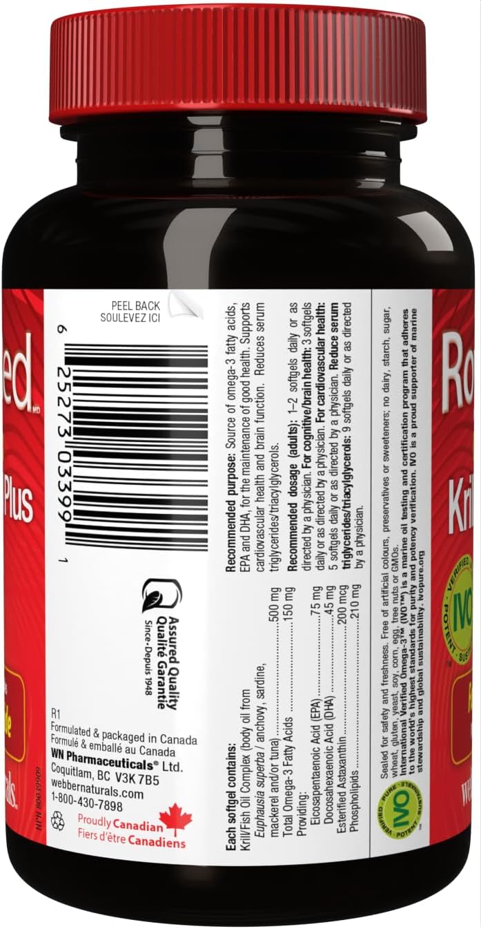 Webber Naturals RoyalRed Krill Oil Plus 500 mg, 60 Softgels, Supports Cardiovascular Health and Brain Function, Antioxidant Support