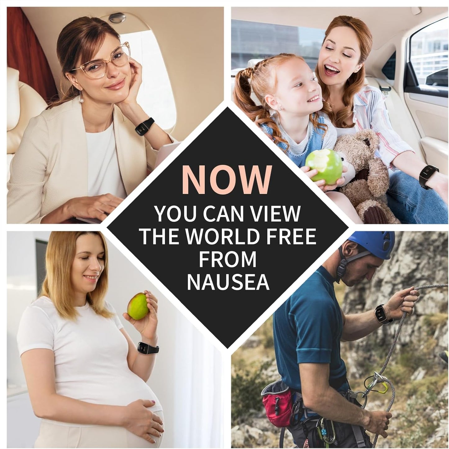 經皮電刺激裝置、防噁心腕帶、暈動病腕帶、暈動病(汽車、飛機、海上)和晨吐的嘔吐緩解劑,不含藥物且無副作用