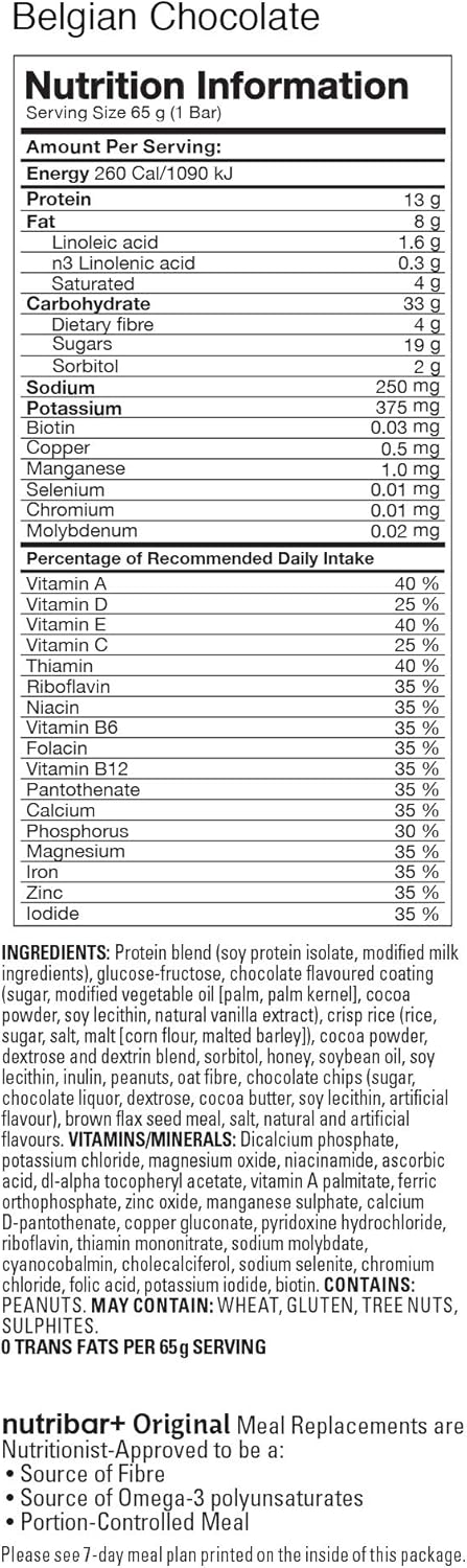 Nutribar Original Belgian Chocolate Flavoured Protein Bars, Meal Replacement, High Protein,High Fibre, 12-Count