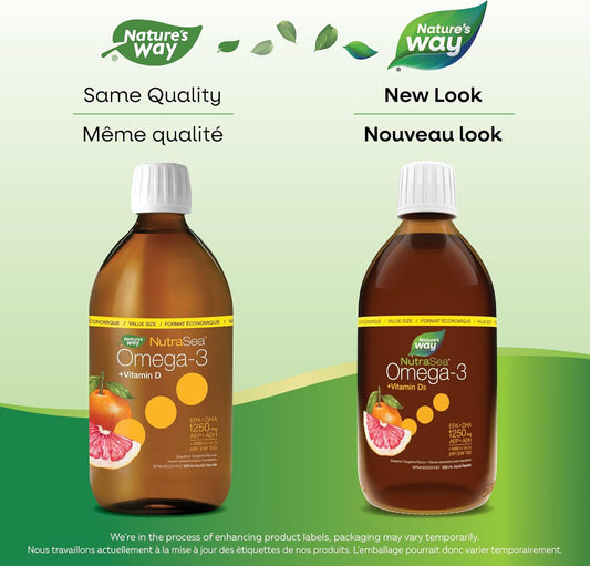 Nature's Way NutraSea Omega-3 and Vitamin D Supplement - Fish Oil with EPA and DHA – Support Healthy Heart and Brain, Help Build Strong Bones and Teeth & Help Support Immune System - Grapefruit Tangerine, 500 ml Liquid