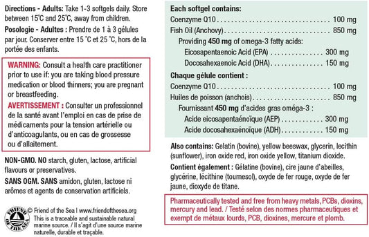 Jamieson CoQ10 100毫克,含450毫克Omega-3和輔酶Q10,支持心臟健康、大腦健康,並有助於預防偏頭痛。不含麩質和乳糖,30粒軟膠囊,加拿大製造