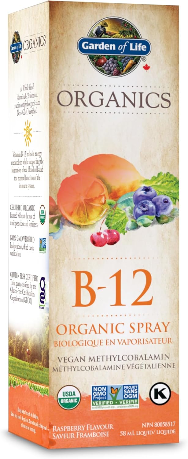 生命花園有機維生素B-12噴霧,覆盆子口味 | 支持免疫系統、能量、新陳代謝和健康血細胞 | 全食物成分,非基因,無麩質,純素,猶太潔食認證