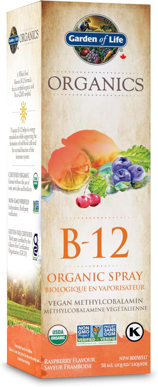 生命花園有機維生素B-12噴霧,覆盆子口味 | 支持免疫系統、能量、新陳代謝和健康血細胞 | 全食物成分,非基因,無麩質,純素,猶太潔食認證