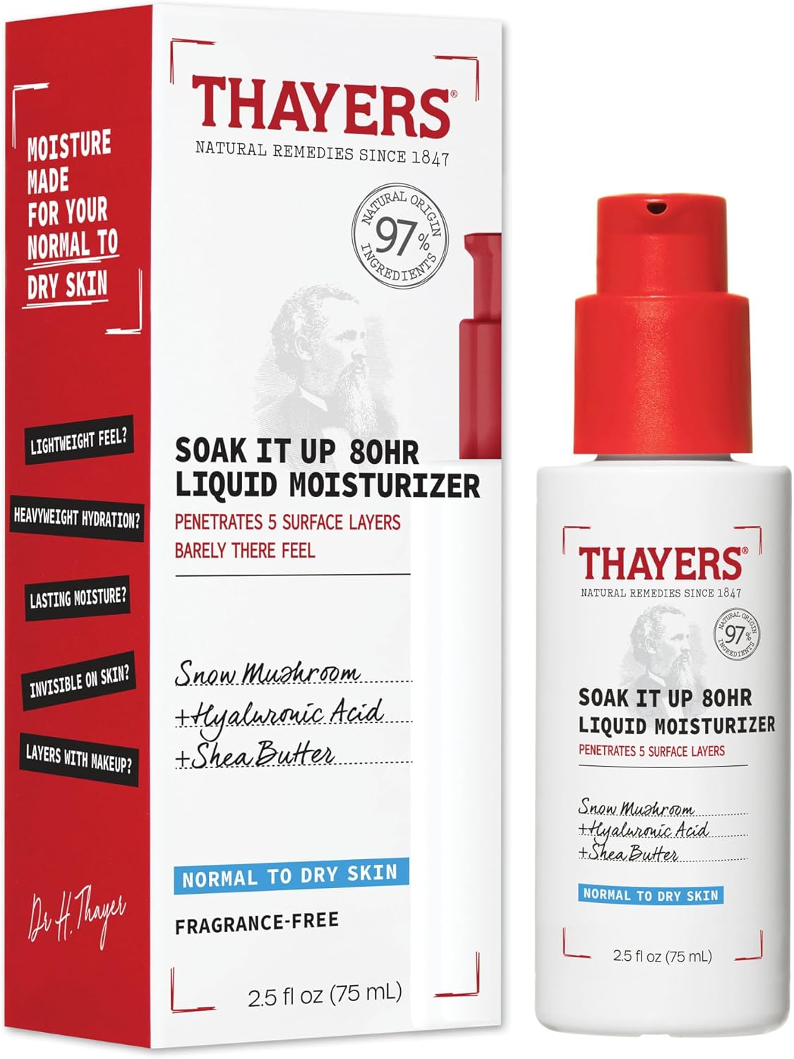 THAYERS Soak It Up 80HR 液體保濕霜,含透明質酸和雪蘑菇,經皮膚科醫生測試,適合中性至乾性皮膚,輕盈配方,75 毫升