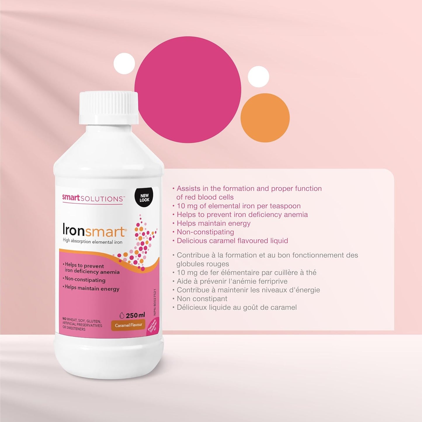 Smart Solutions Ironsmart 焦糖味液態補鐵劑,有助於保持精力充沛,預防缺鐵。不引起便秘,含10毫克鐵,無麩質,不含人工防腐劑或甜味劑,250毫升