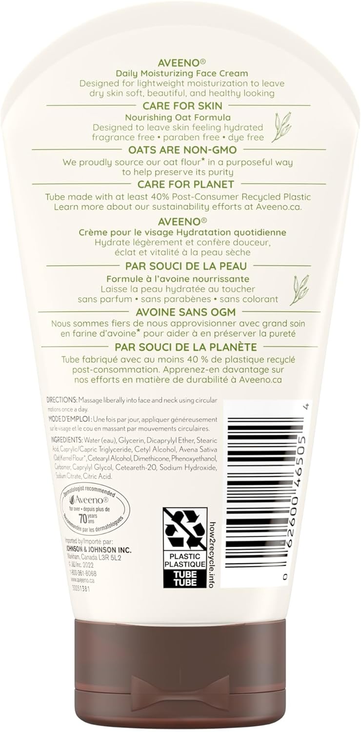 Aveeno 每日保湿面霜,面部和颈部保湿霜,干性皮肤,非转基因燕麦,不含防腐剂,无香料,141 克