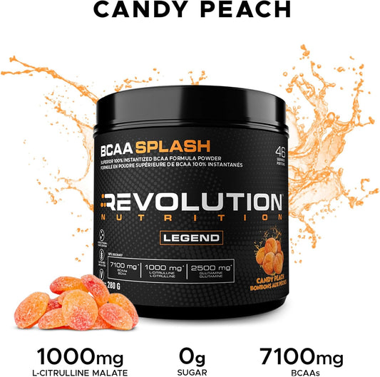 Revolution Nutrition, BCAA Splash,BCAA 粉,純素配方,零卡路里,無乳糖,肌肉恢復,運動後,7100 毫克支鏈氨基酸,1000 毫克瓜氨酸蘋果酸鹽,280 克,46 份(糖果桃子…