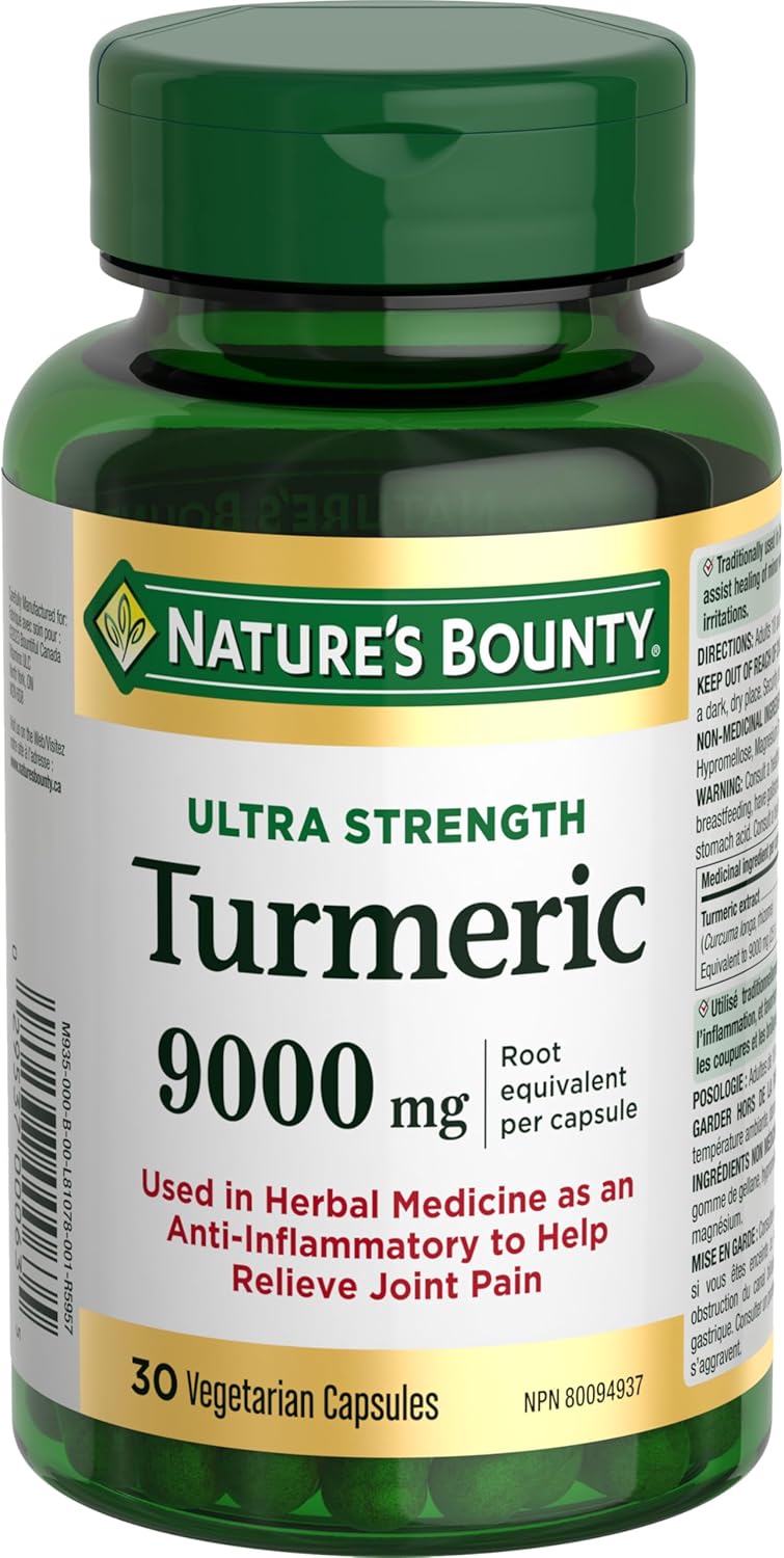 NATURE'S BOUNTY Turmeric, Ultra Strength, 9000 mg, Vegetarian, Anti-inflammatory For Joint Pain, Helps Healing Of Minor Wounds Like Cuts & Burns And Minor Skin Irritations, Capsules, 30 g