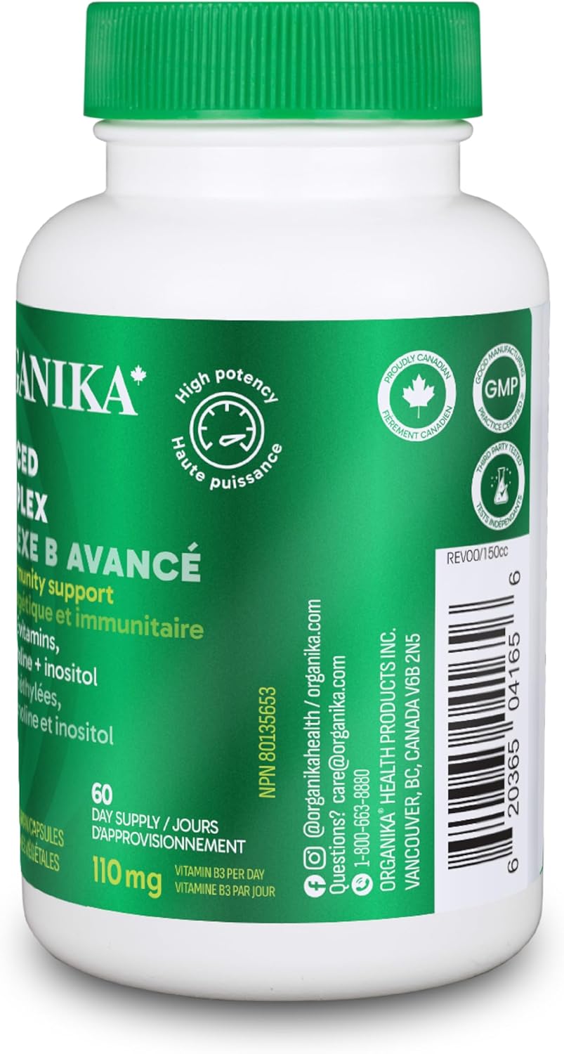 Organika 加拿大製造高級 B 群維生素 110 毫克 - 能量和免疫支持,甲基化 B 群維生素,增強吸收 - 60 粒膠囊