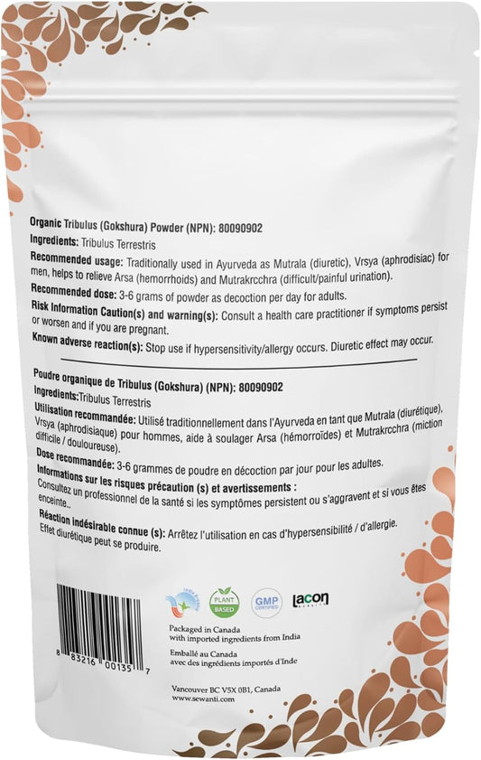 Organic Gokshura Powder NPN 80090902/Raw Tribulus Terrestris/ 200g