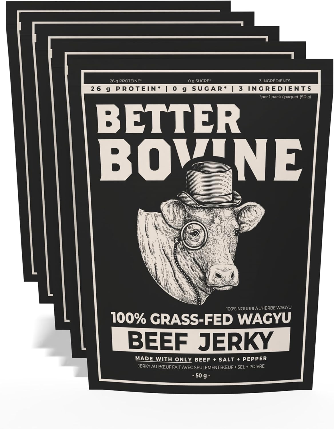 BETTER BOVINE Grass Fed Wagyu Beef Jerky, Keto, Paleo, Low Carb, High Protein, Gluten Free, Sugar Free, Non-GMO, Nitrate Free, Preservative Free, No Antibiotics, No Added Hormones, 26g Protein, 0g Carbs, 180 Calories, Sa…