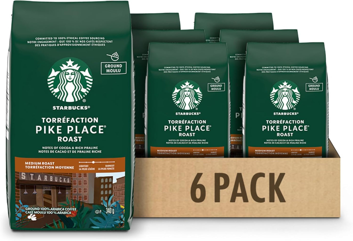 星巴克派克市场研磨咖啡,中度烘焙咖啡,100% 阿拉比卡咖啡豆研磨 - 340 克袋装(6 包,2040 克)