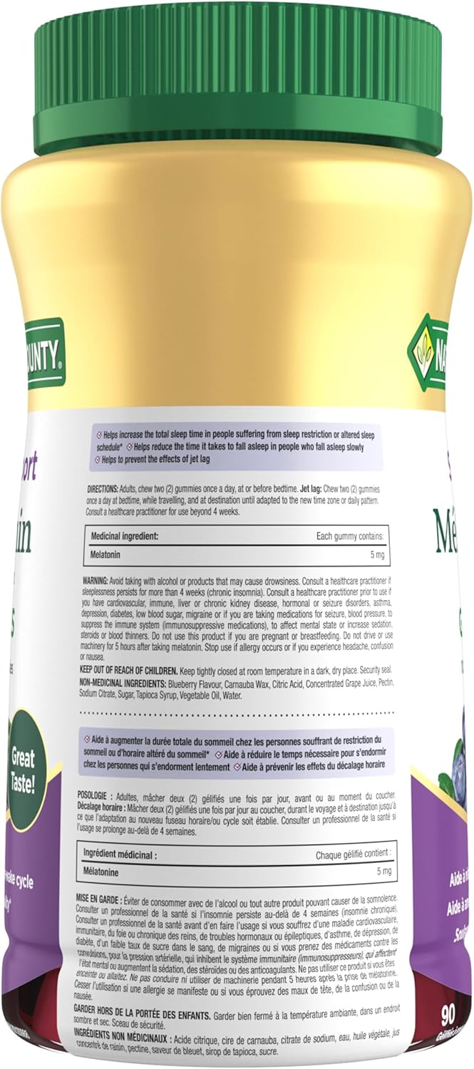 自然之宝褪黑素软糖,有助于更快入睡,增加总睡眠时间,减少时差影响并重置睡眠觉醒周期,蓝莓味,225 克