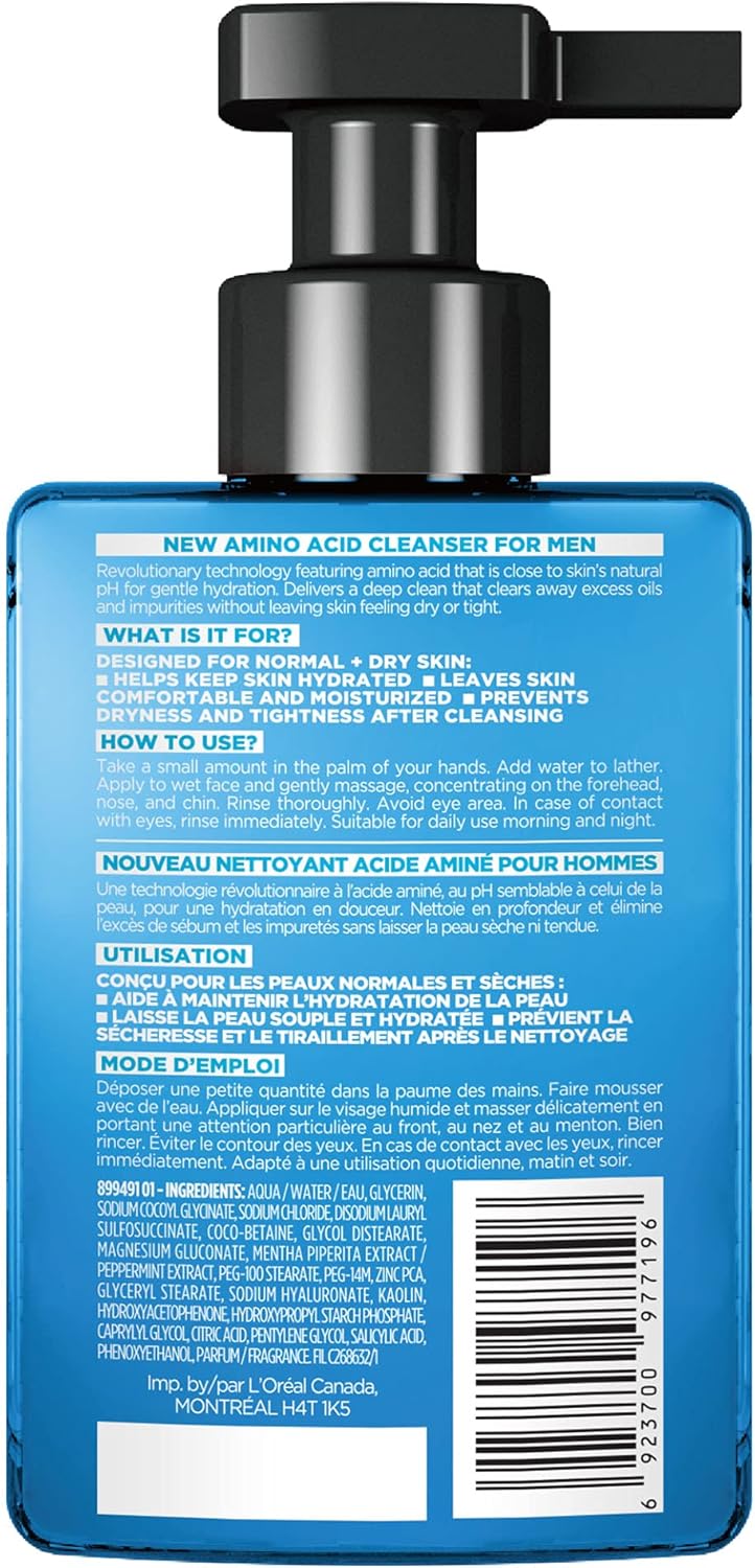 巴黎歐萊雅男士專業日常潔面乳,含氨基酸和透明質酸,清新保濕,水潤強效護膚,去除多餘油脂並淨化肌膚,適合中性至乾性肌膚,180 毫升