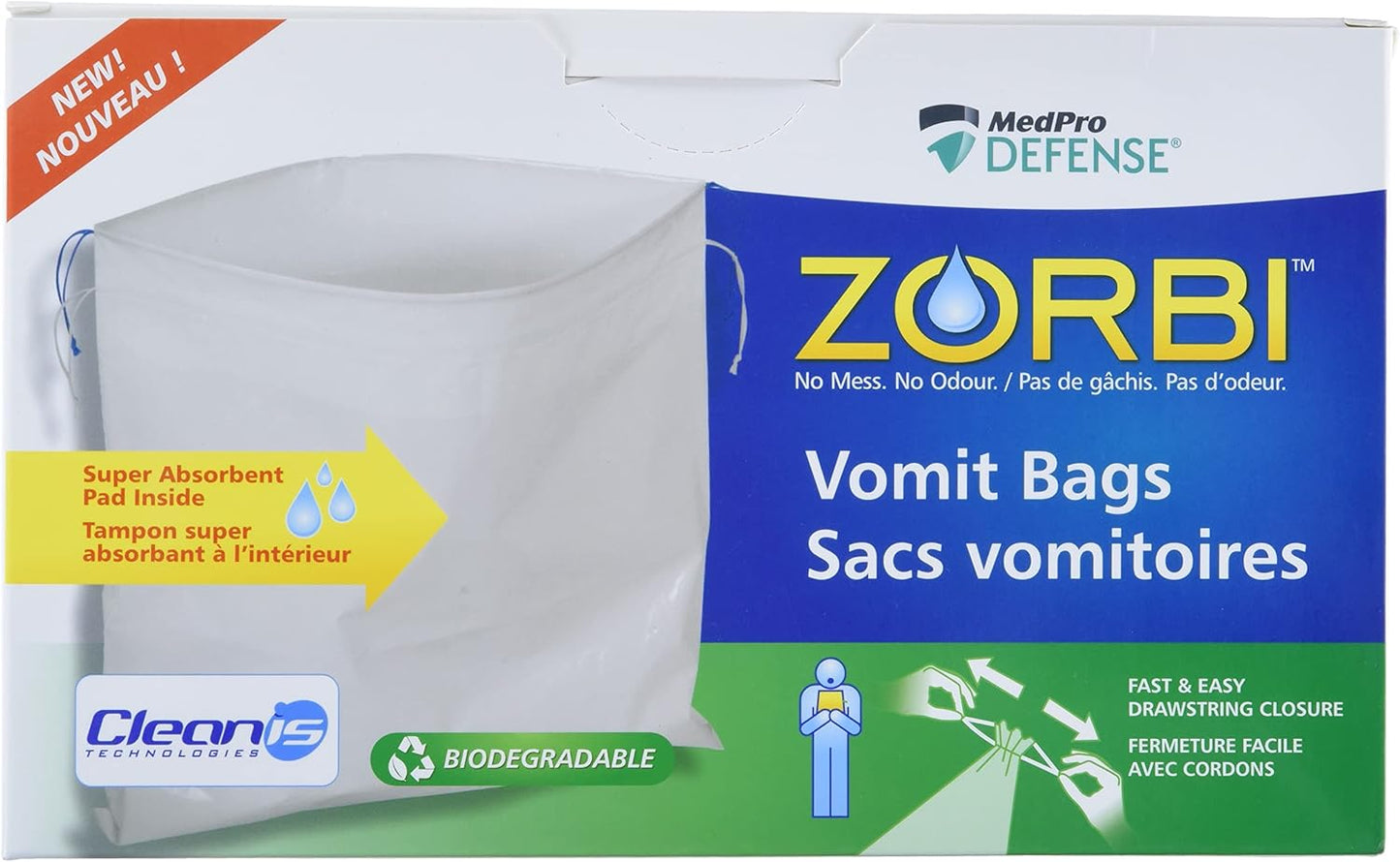 Zorbi Biodegradable Vomit Bags with Super Absorbent Pads, White, 20 Count