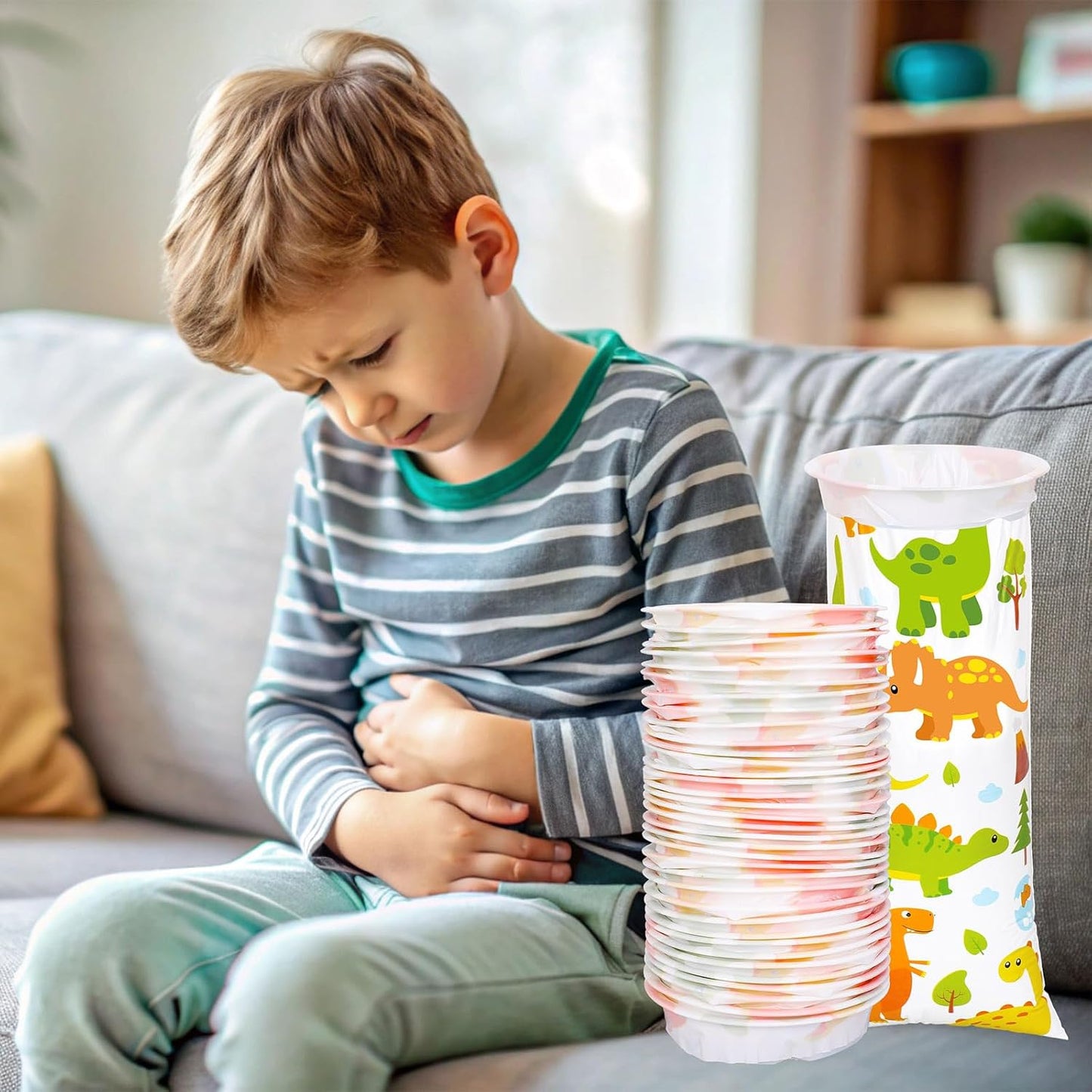 JarThenaAMCS 50个装儿童呕吐袋一次性恐龙呕吐袋防漏自封便携式呕吐袋适用于晕车晕船晕车旅行