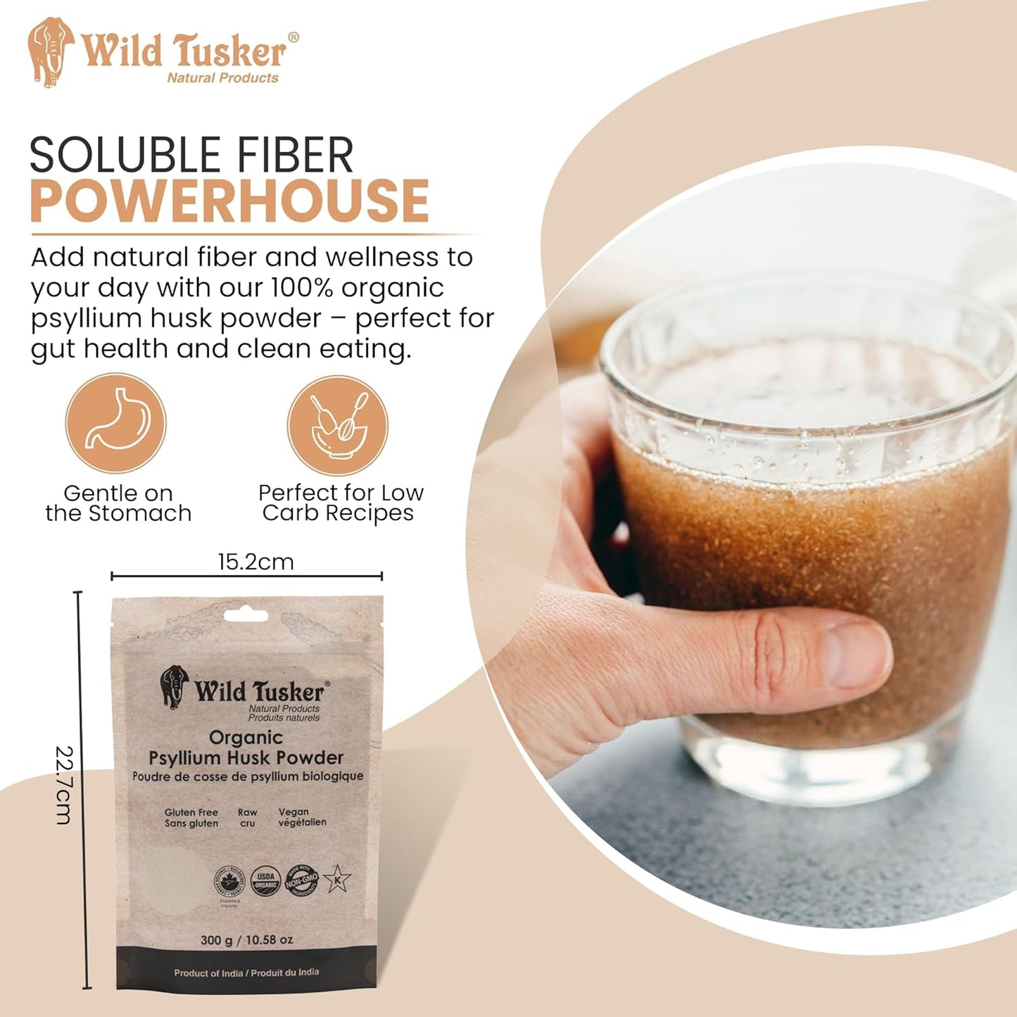 Wild Tusker Organic Psyllium Husk Powder - 100% Organic, Keto-Friendly, and Gluten-Free, 300g