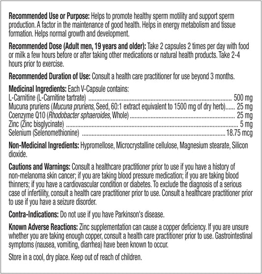 Prairie Naturals Fertility Pro, Improve Sperm Motility and Production, Vegan, Non-GMO, Gluten-Free, L-Carnitine, Velvet Bean, CoQ10, Zinc and Selenium, Canadian-made, Scientifically made for Men, 60 V-Capsules