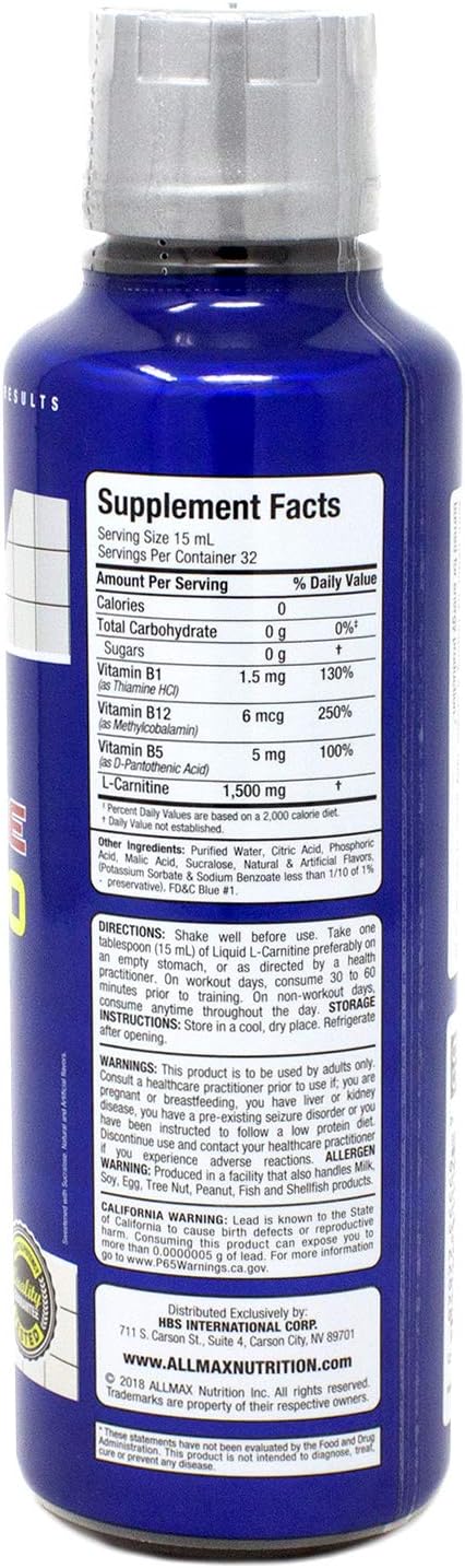 ALLMAX Nutrition - 左旋肉碱液体 + 维生素 B5 - 蓝莓味 - 473 毫升 & ZMX2,90 粒装