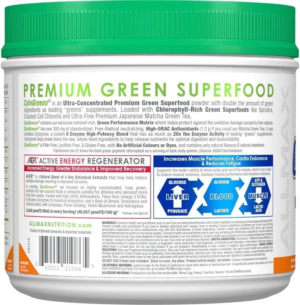 ALLMAX Naturals CytoGreens Super Greens Powder, Orange Vanilla – 315g – Supports Performance, Recovery & Energy – with Spirulina, Chlorella, Spinach, Barley Grass & Matcha Green Tea – 30 Servings