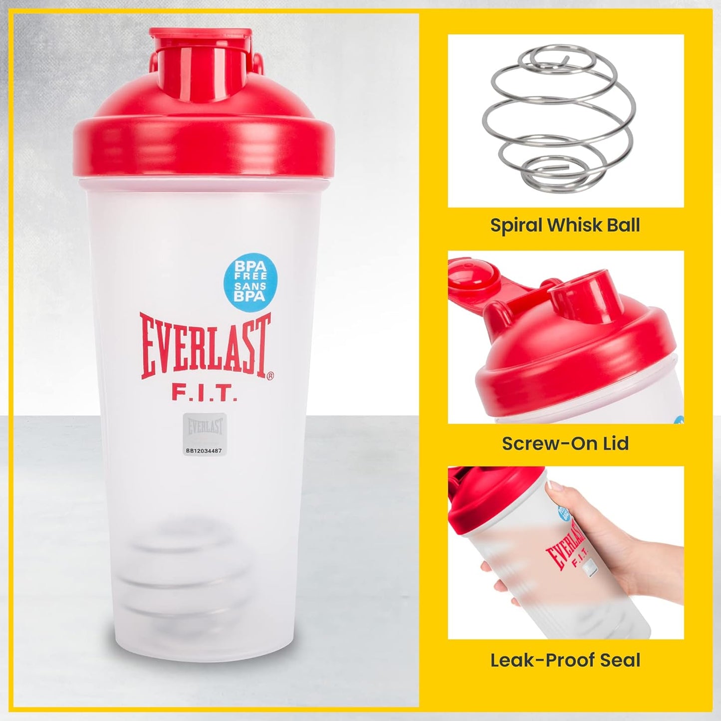 Everlast FIT 600ML 摇摇杯 - 防漏 - 摇摇杯带螺旋搅拌球,不含 BPA/DEHP,易于清洁,非常适合混合蛋白质奶昔。(红色)