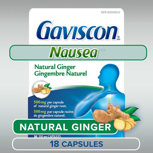 Gaviscon 抗噁心生薑膠囊 - 18 粒 - 緩解噁心、促進消化的片劑,天然生薑 - 不含鋁、乳糖和麩質