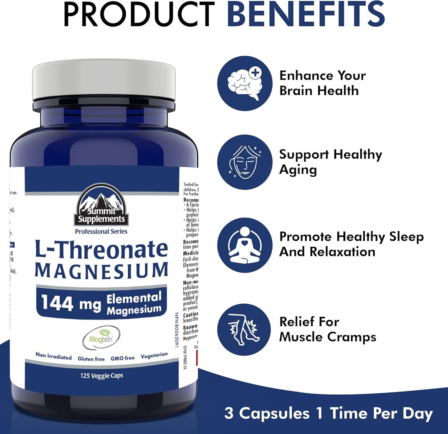 加拿大製造,抗塑膠污染 - Magtein L-蘇糖酸鎂 125 粒素食膠囊,41 天用量 - 促進大腦健康,促進健康睡眠和放鬆 - 經第三方測試 - 加拿大配方和製造