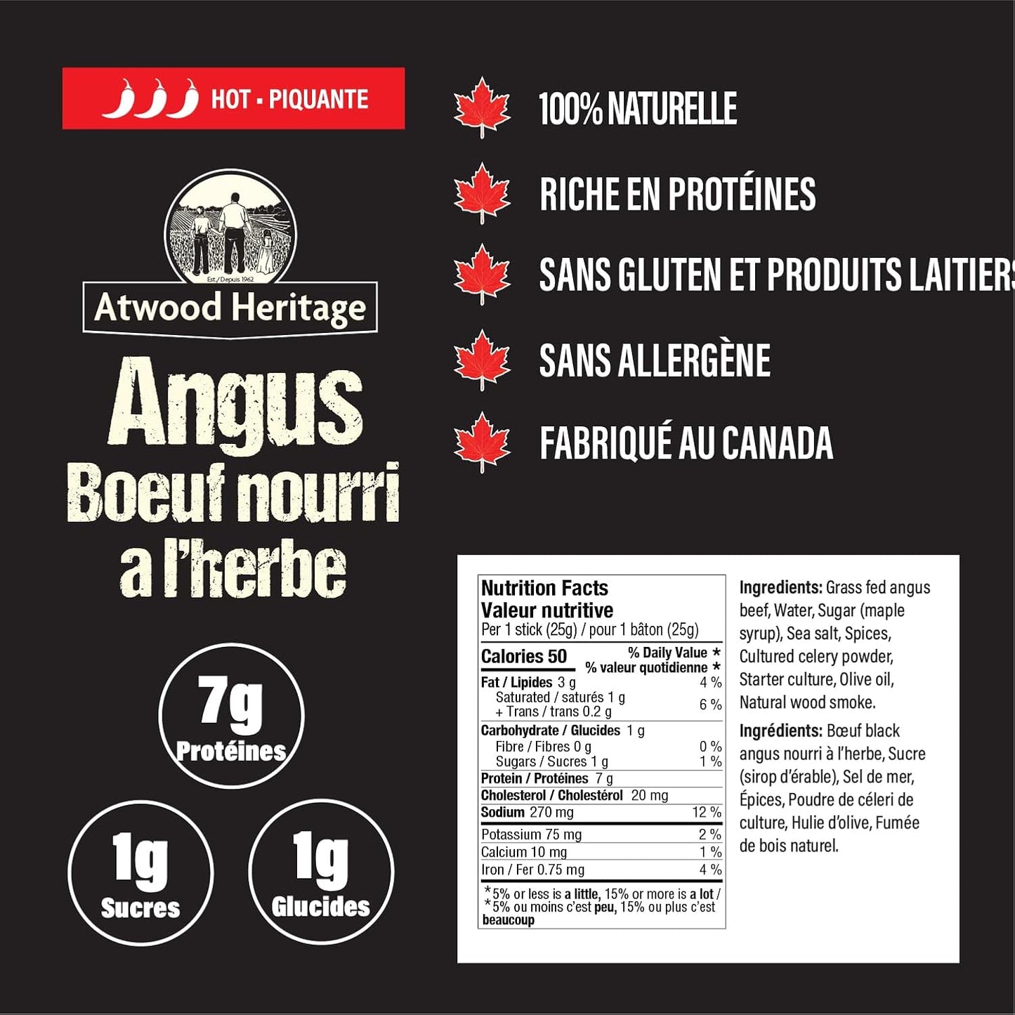 Atwood Heritage 草飼牛肉零食棒,辣味,5 根,125 克,高蛋白,無麩質,無硝酸鹽,加拿大製造