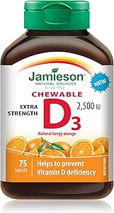 Jamieson 維生素 D3 2,500 IU 咀嚼片,天然濃鬱橙味,有助於預防維生素 D 缺乏症和骨質疏鬆症,增強免疫力,強健骨骼和牙齒。素食,無人工香料,色素…