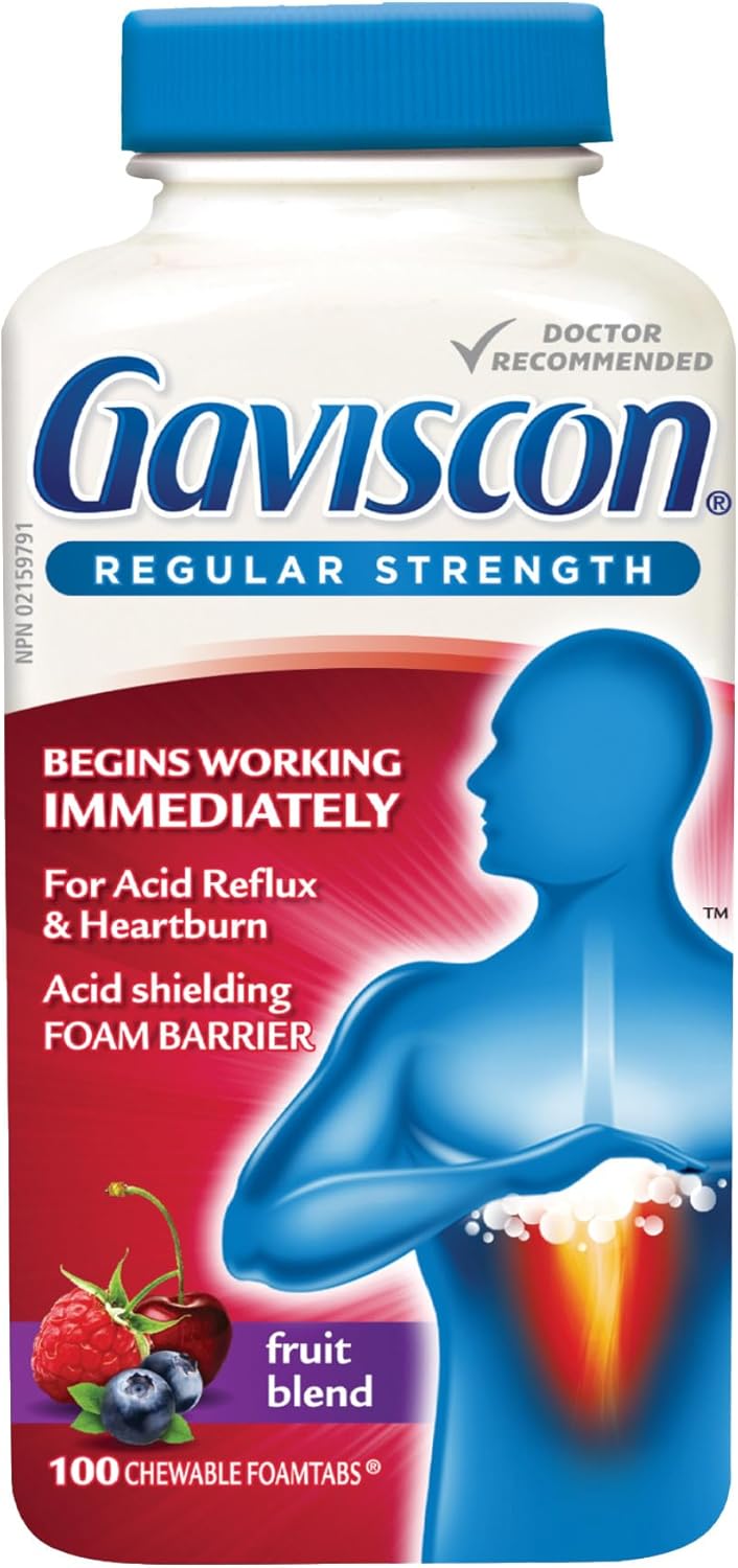 Gaviscon Regular Strength Tablets - 100 Count - Chewable Foaming Antacid Tablets for Day and Night Heartburn Relief, Acid Reflux and GERD Relief, Fruit Blend - Free of Aluminum, Lactose and Gluten