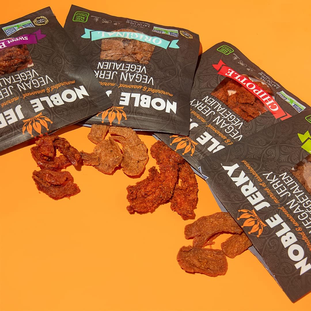 Noble Jerky – Vegan Jerky Variety Pack, Plant-Based Protein Snack, 14g Protein Per Bag, Vegetarian, Non-GMO, Healthy Snack, 5 Pack (70g Bags, Teriyaki, Chipotle, Original, BBQ, Hickory)