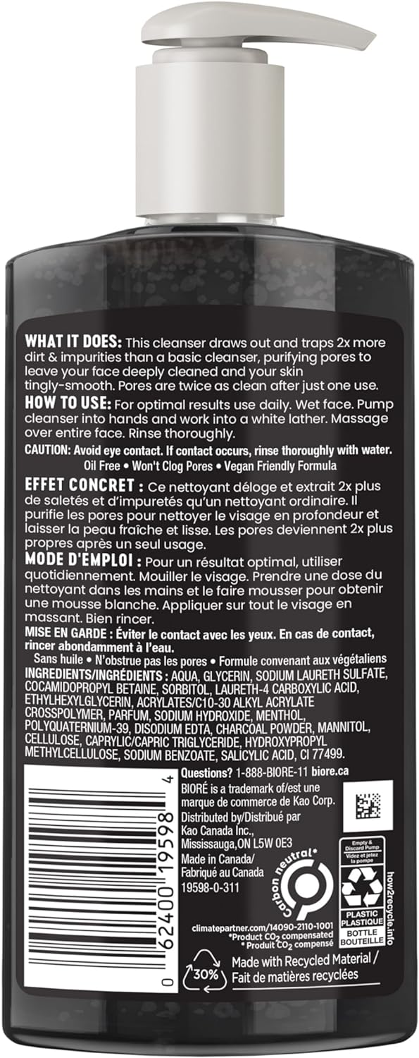 Biore Deep Pore Charcoal Cleanser, Face Wash for Oily Skin (200 mL) | Made in Canada