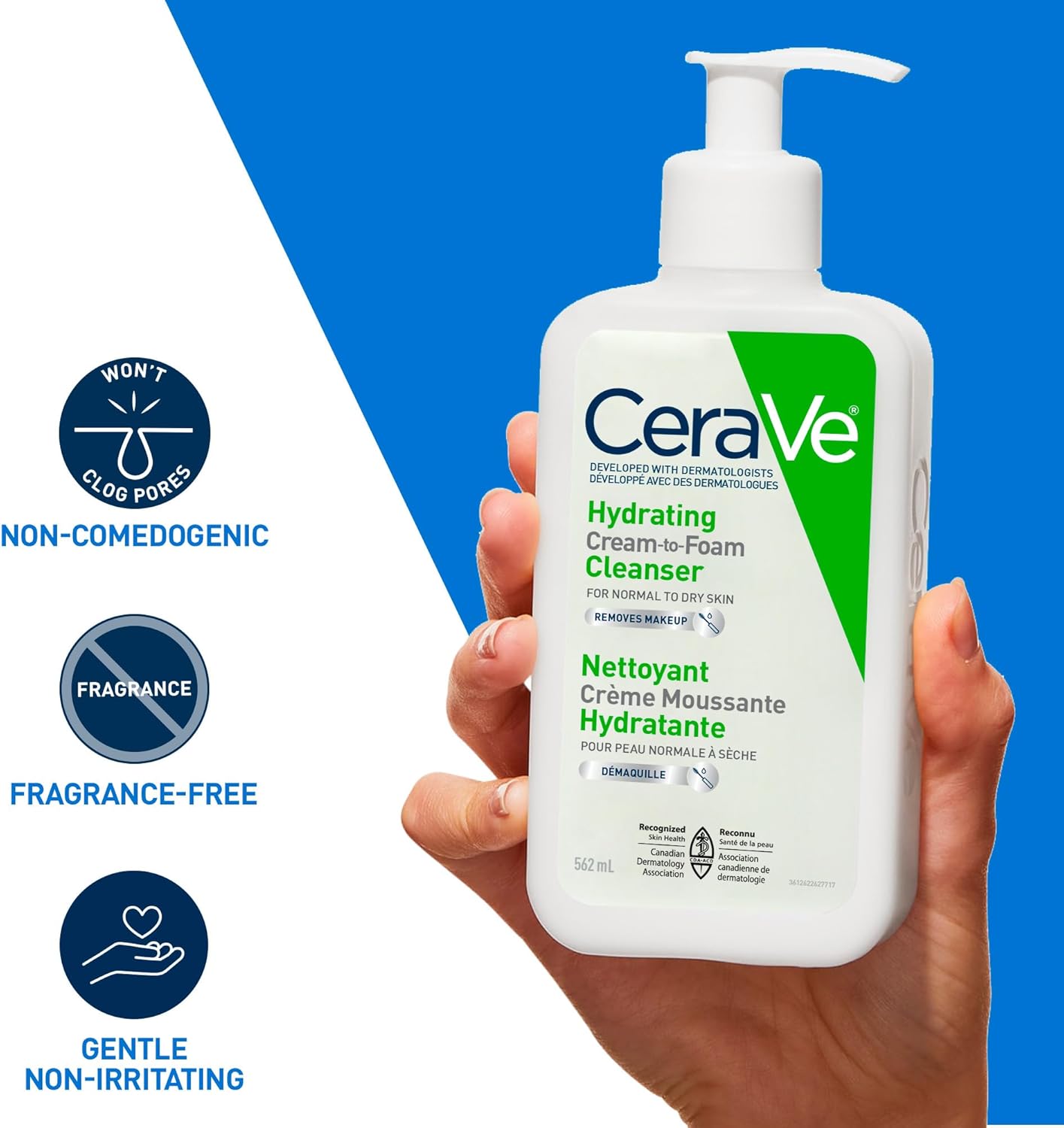 CeraVe Hydrating Cream-to-Foam Face Cleanser, One-Step Face Wash With Hyaluronic Acid & Amino Acid Complex, Gently Cleanses Skin, Non-Comedogenic, Fragrance-Free, Normal to dry skin, 562mL