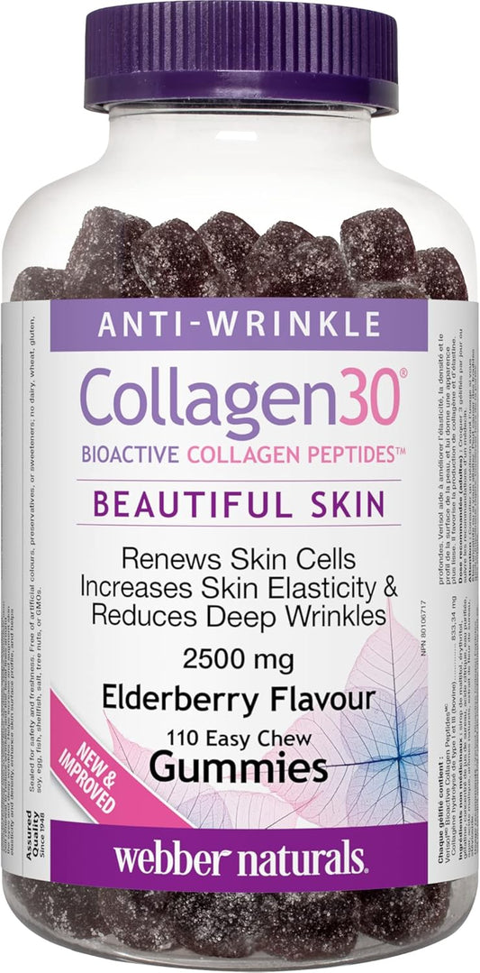 Webber Naturals 膠原蛋白 30 抗皺軟糖和維生素 D3 1,000 IU,90 粒軟糖,有益於骨骼和牙齒健康,保持身體健康,不含麩質和乳製品,非基因