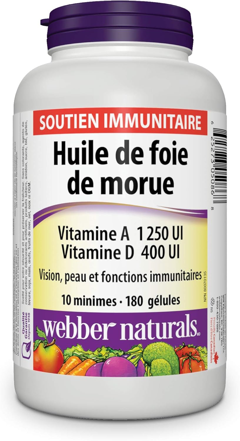 Webber Naturals Cod Liver Oil with Vitamin A and D3, 180 Softgels, Vision, Skin, and Immune Support