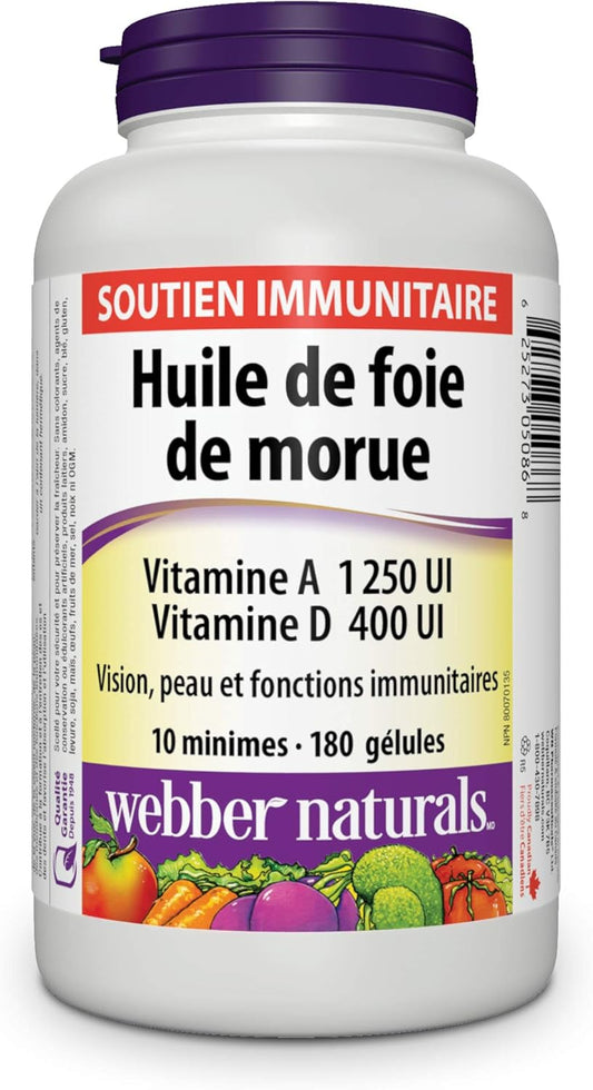 Webber Naturals 鱈魚肝油,含維生素 A 和 D3,180 粒軟膠囊,有助於視力、皮膚和免疫功能