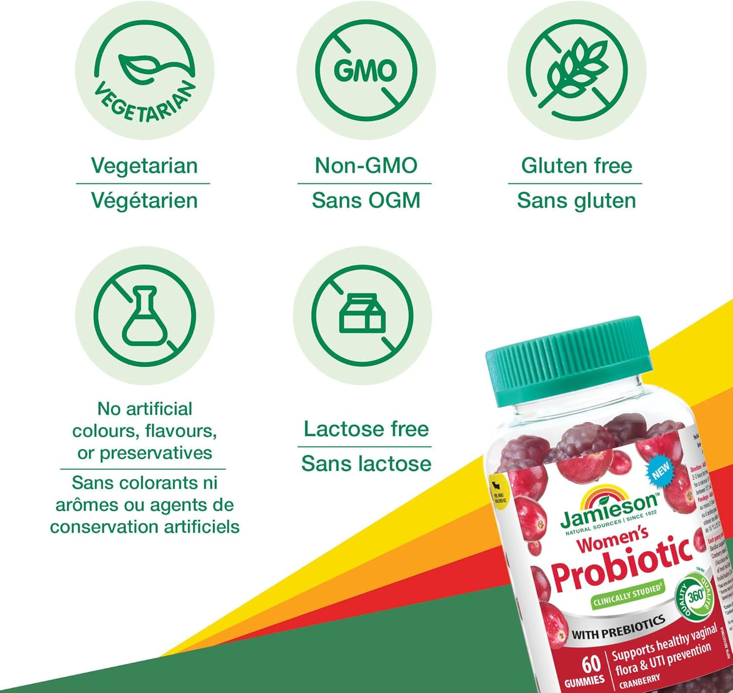 Jamieson 女性益生菌软糖,含蔓越莓和益生元,有助于维持健康的阴道菌群和微生物群,预防尿路感染,并促进消化系统健康。不含人工色素、香精或防腐剂,蔓越莓口味,60 粒装
