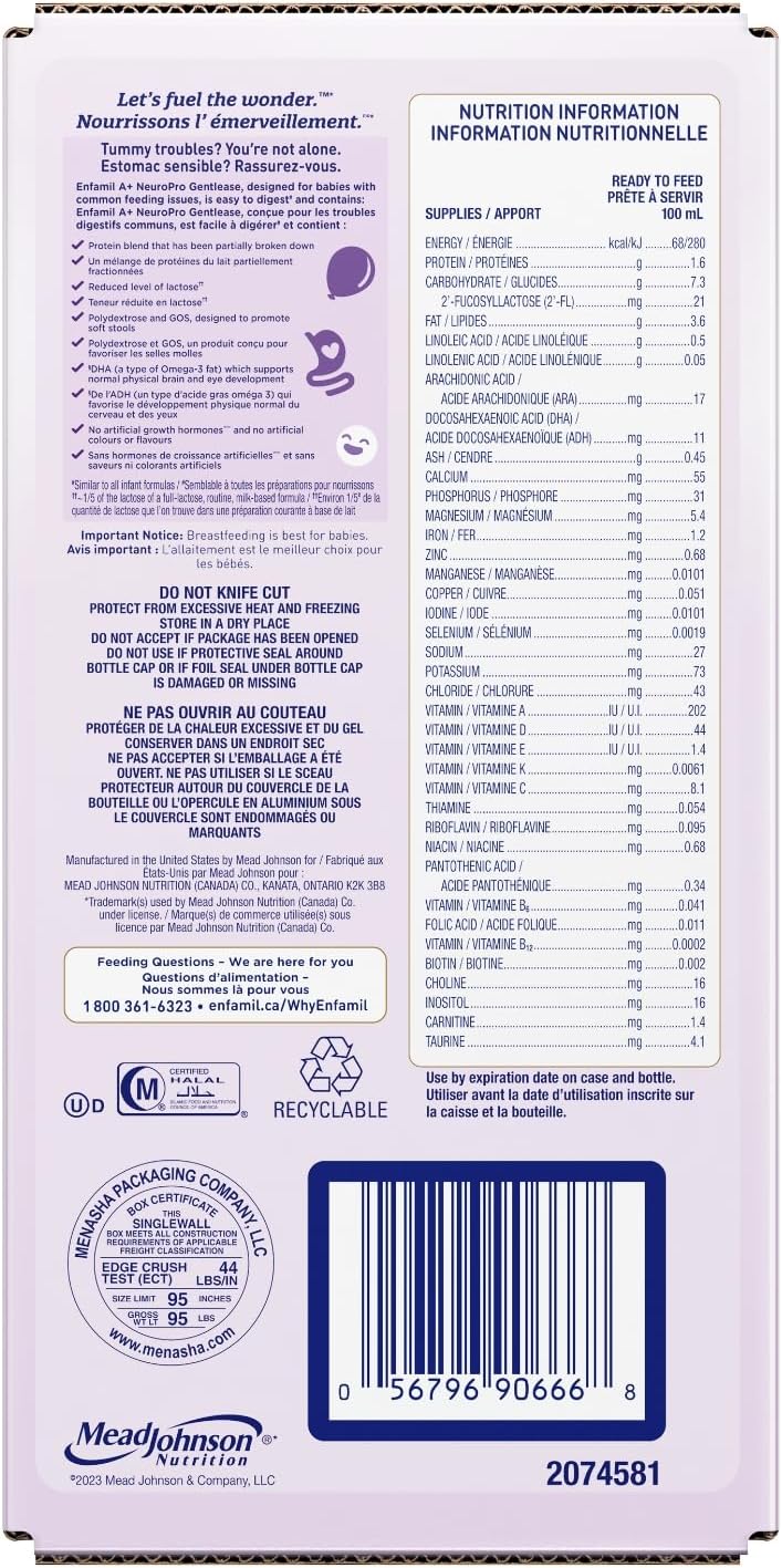 Enfamil A+ NeuroPro Gentlease 嬰兒配方即食奶瓶,含促進大腦發育的 DHA,0-12 個月,18 x 237 毫升