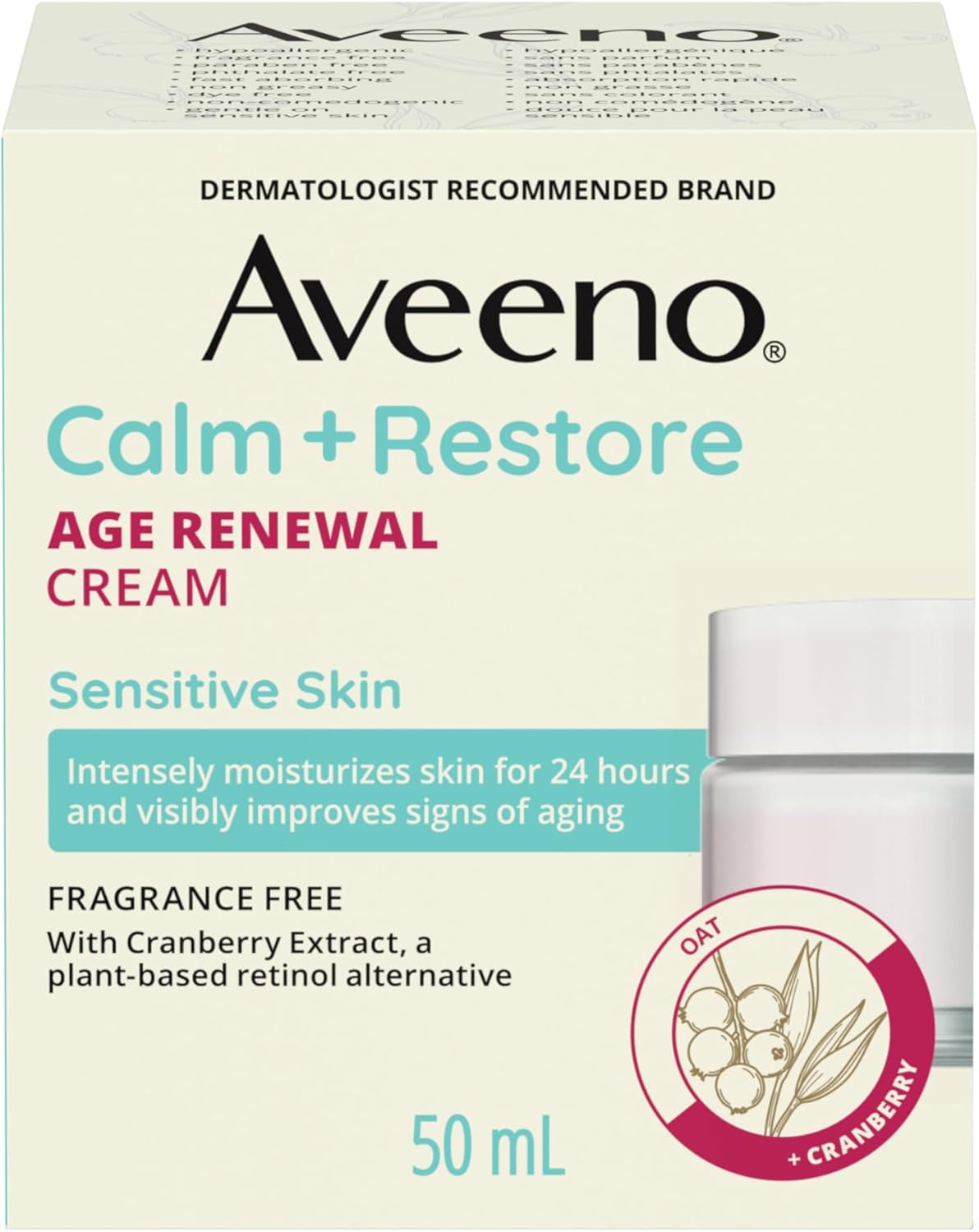 Aveeno Calm + Restore 抗衰老焕肤霜,燕麦、烟酰胺、天然视黄醇替代品,抗衰老干性皮肤保湿霜,无香型,50 毫升
