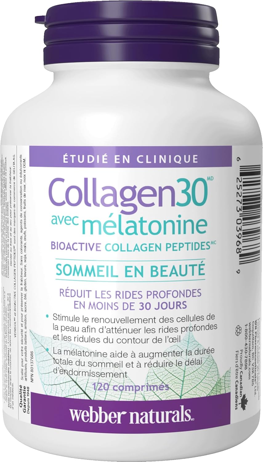Webber Naturals Collagen30 含褪黑激素,每份含 2,500 毫克生物活性膠原蛋白勝肽和 3 毫克褪黑激素,120 片,有助於減少深層皺紋和細紋,促進睡眠