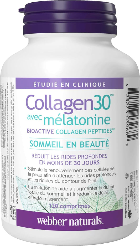 Webber Naturals Collagen30 含褪黑激素,每份含 2,500 毫克生物活性膠原蛋白勝肽和 3 毫克褪黑激素,120 片,有助於減少深層皺紋和細紋,促進睡眠