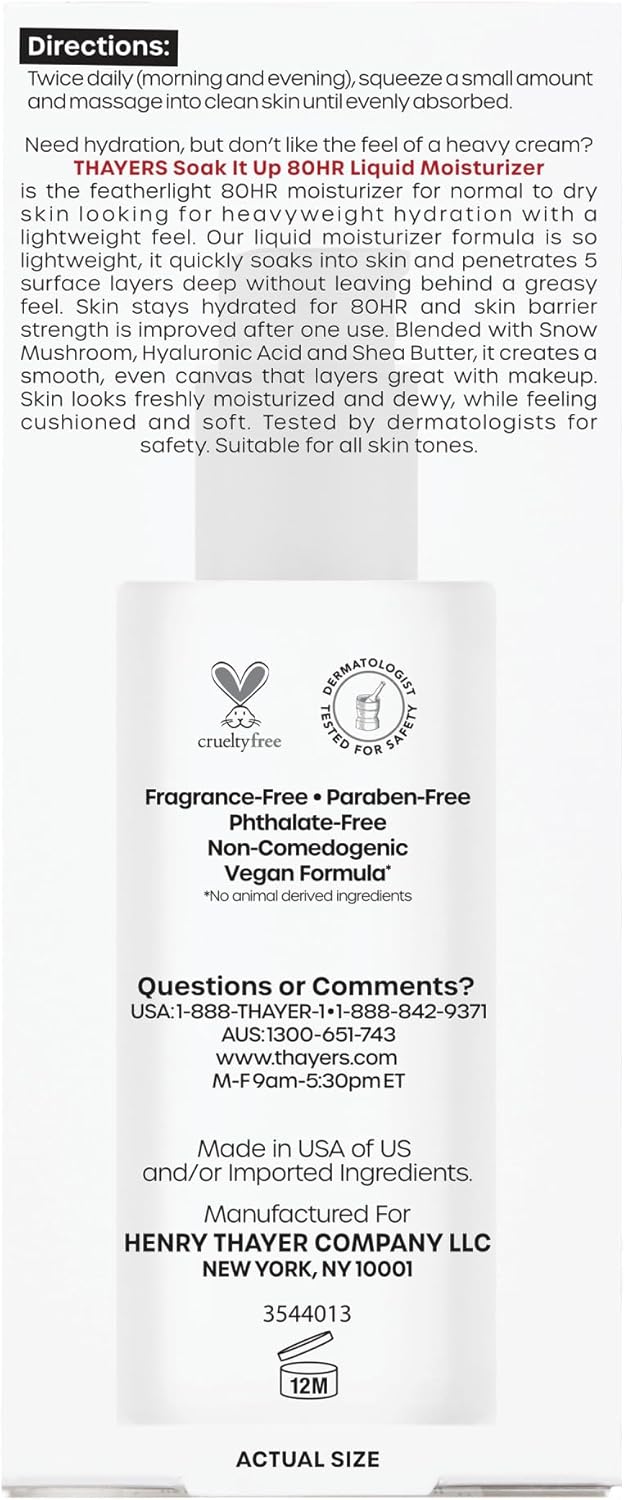 THAYERS Soak It Up 80HR 液體保濕霜,含透明質酸和雪蘑菇,經皮膚科醫生測試,適合中性至乾性皮膚,輕盈配方,75 毫升