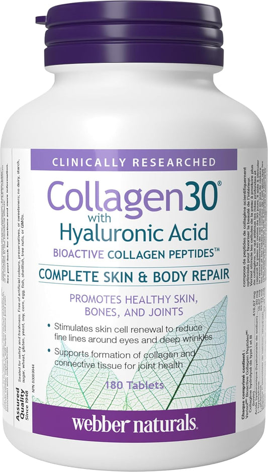 Webber Naturals Collagen30 含透明質酸、生物活性膠原蛋白勝肽,180 片,有助於減輕關節疼痛、眼部皺紋和臉部細紋