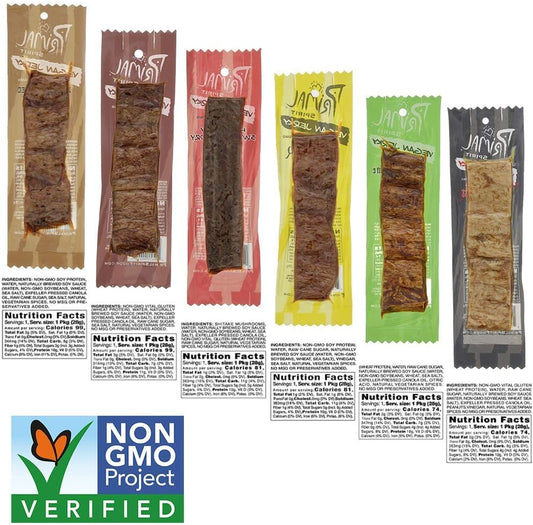 Primal Spirit Vegan Jerky - Sampler Pack, 10g. Plant Based Protein, Certified Non-GMO ("Classics" Thai Peanut, Mesquite Lime, Teriyaki, Hot & Spicy, Hickory Smoked, & Texas BBQ, 24-Pack, 1 oz.)