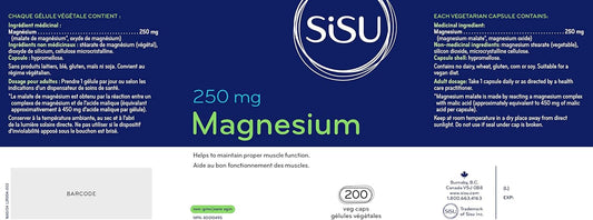 SISU 鎂每粒膠囊 250 毫克 | 支持心臟功能和肌肉力量 | 有助於預防頭痛和偏頭痛 | 含蘋果酸 | 非基因改造、純素、無麩質、無乳製品、無大豆