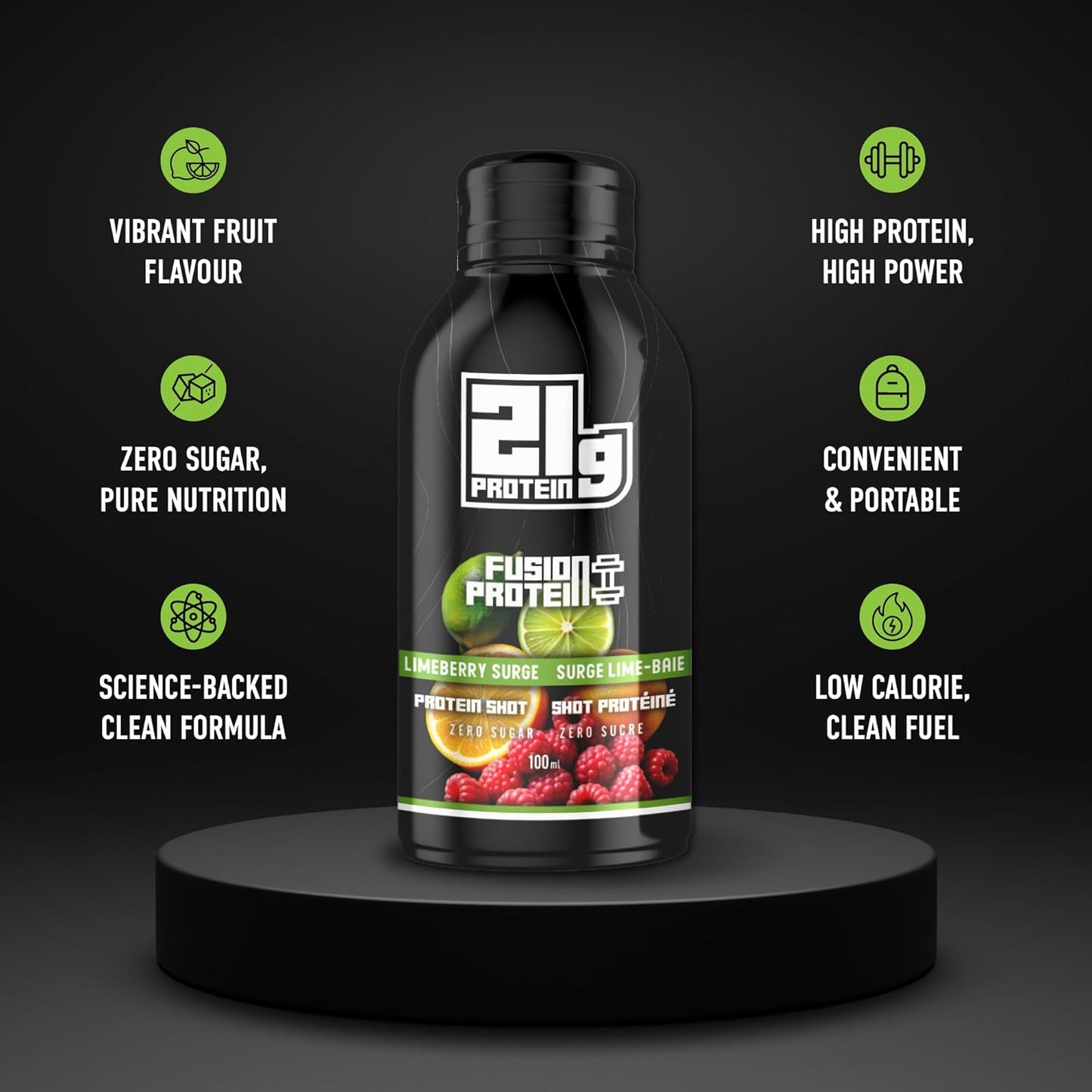 Fusion Protein 即饮型 - 21 克高蛋白零糖青柠浆果口味混合饮料,健康增肌零食,低卡路里代餐奶昔,男女皆宜 - 100 毫升瓶装,12 瓶装