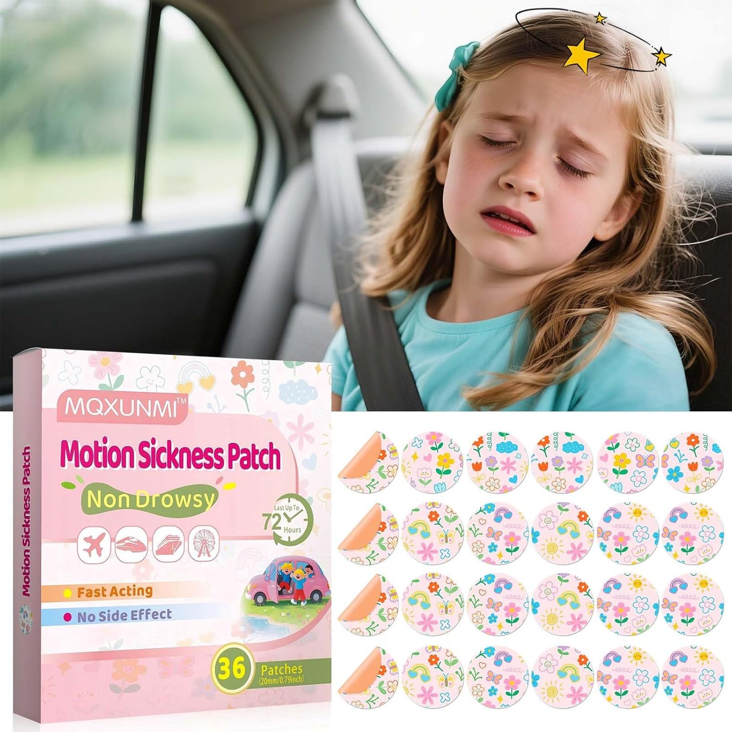 MQXUNMI 36片装晕车贴,不瞌睡晕船贴,缓解晕车晕船引起的头晕,适用于游轮,旅行必备品,定制花朵图案