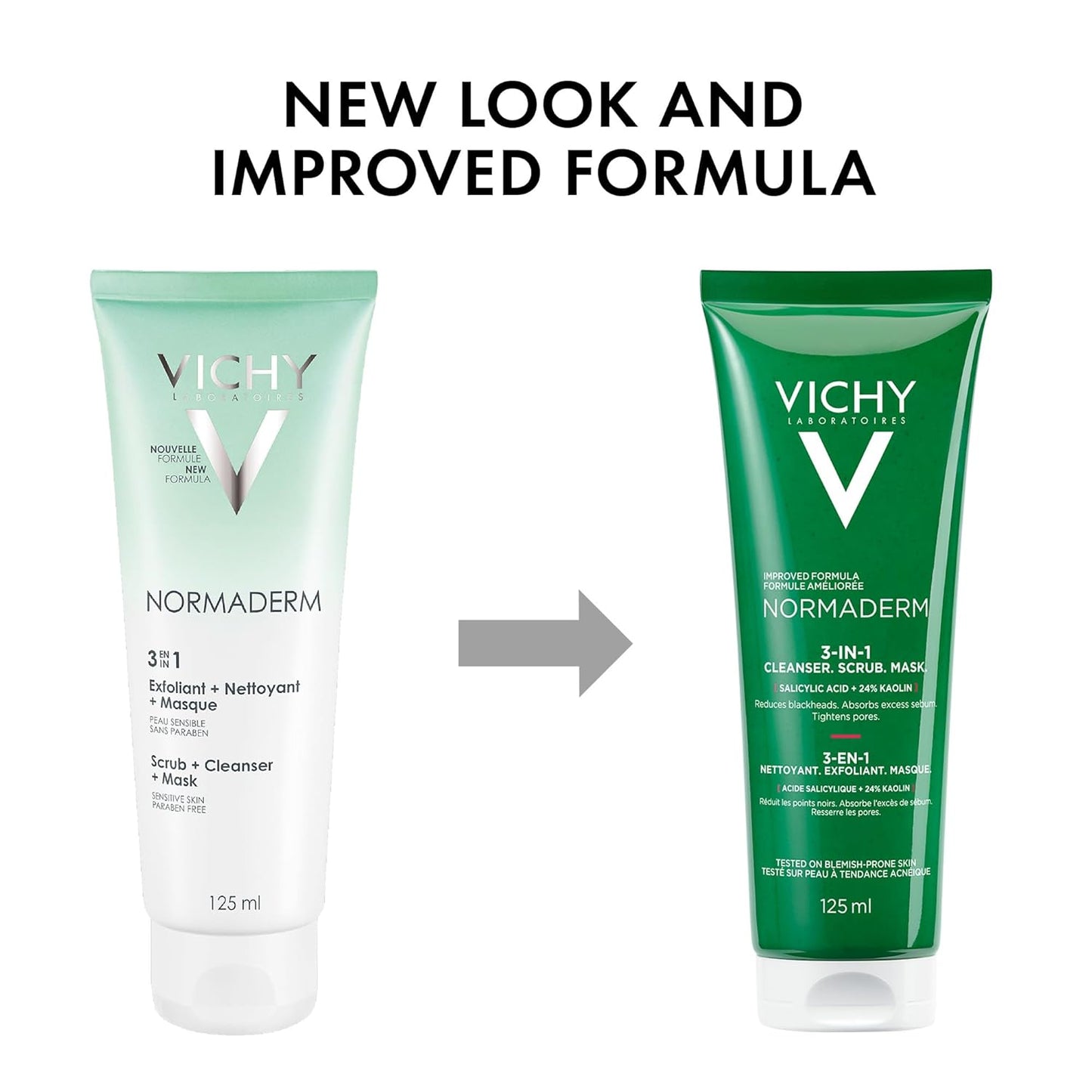 Vichy Normaderm 三合一去角质磨砂膏、洁面乳和护肤面膜。适用于油性肌肤和敏感性肌肤,含水杨酸和乙醇酸,125毫升