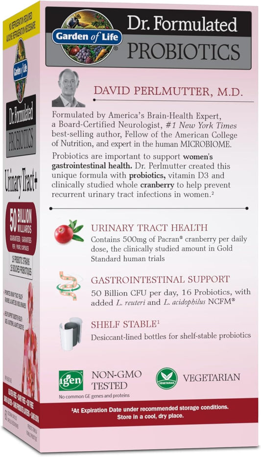 Garden of Life - Dr. Formulated Probiotics Urinary Tract+ | Supports Urinary Tract Health with 500mg of Clinically Studied Organic Pacran® cranberry| 50 Billion CFU + 16 Probiotic Strains | Gluten Free, Dairy Free